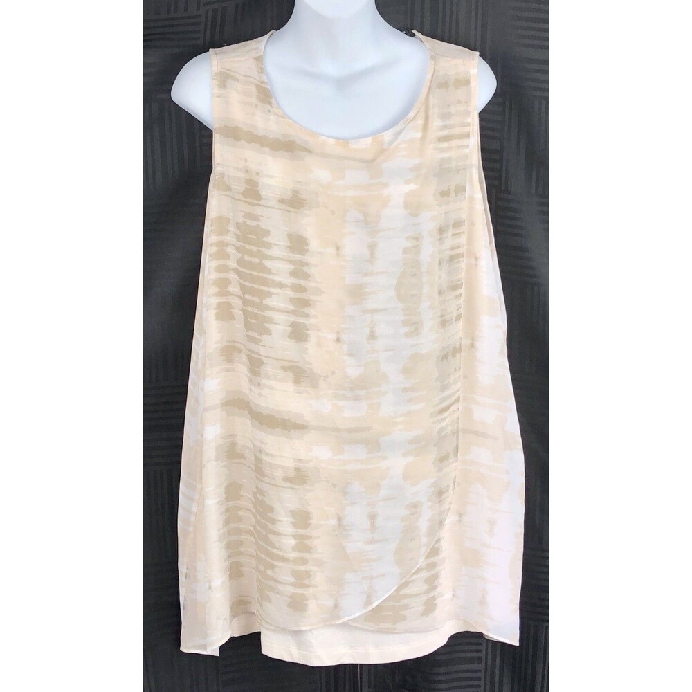 Halston Sleeveless Flowy Chiffon Top 1X Beige Geo Layers Split Tank coquette y2k